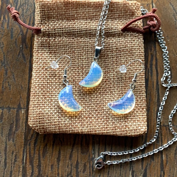 Hand Crafted Jewelry - Opalite Moon Necklace Opalite Earrings Matching Crystal Jewelry Set